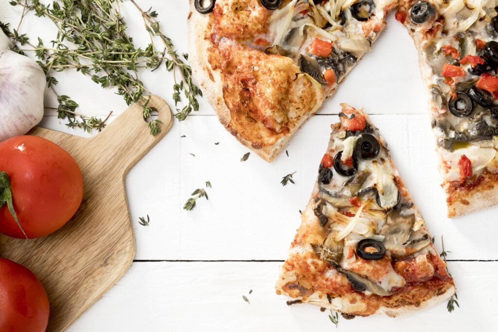Greek pizza - olives, mushrooms, greek feta, onions